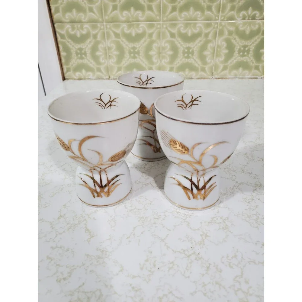 Lefton China Christmas Hand Painted 24k gold Double Egg Cups Lot of 3